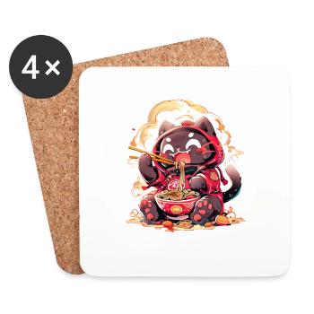 Anime Manga Kawaii Cat Eats Ramen Noodles - Coasters (set of 4) - white - Front