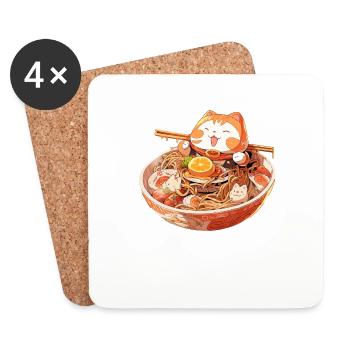 Anime Manga Kawaii Cat Eats Ramen Noodles - Coasters (set of 4) - white - Front