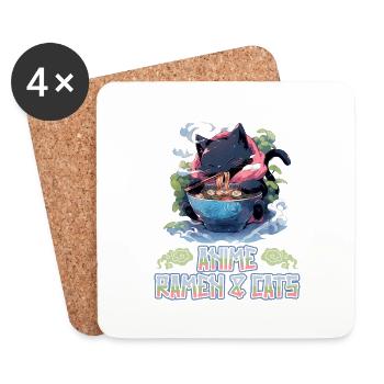 Anime Manga Kawaii Cat Eats Ramen Noodles - Dessous de verre (lot de 4) - blanc - Devant