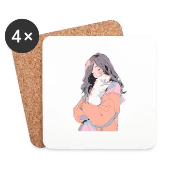 Anime and Cats Kawaii Mädchen Anime - Untersetzer (4er-Set) - Weiß - Vorne