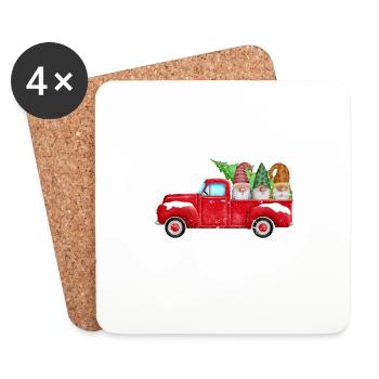 Merry Christmas Tree Three Gnomes Red Truck Xmas - Coasters (set of 4) - white - Front