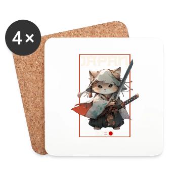 Asia Cat Japanese Samurai Samurai - Coasters (set of 4) - white - Front