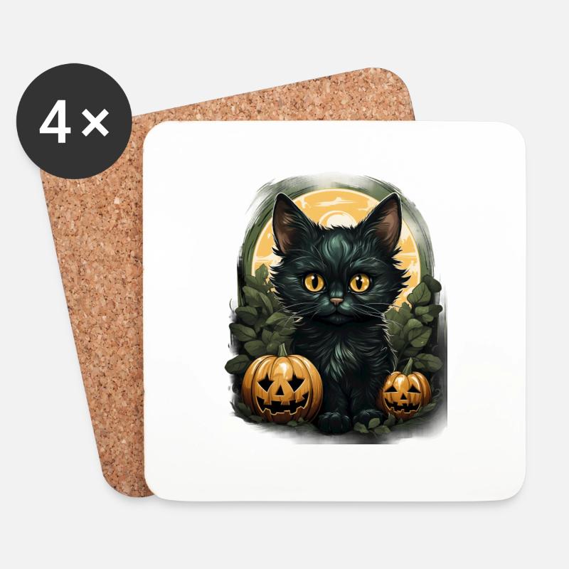 Black Cat Halloween Pumpkin - Cat - Untersetzer (4er-Set) - Weiß
