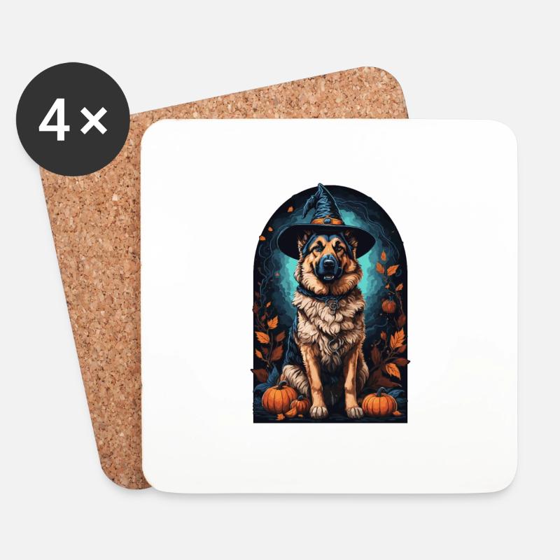 Deutscher Schäferhund Mit Hexenhut Halloween - Untersetzer (4er-Set) - Weiß