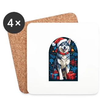 Lustiger Siberian Husky Mit Weihnachtsmannmütze - Untersetzer (4er-Set) - Weiß - Vorne