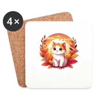 Chat d’automne sur feuillage coloré: un relaxant et - Dessous de verre (lot de 4) - blanc - Devant