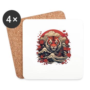Asiatisch Tiger Anime Japanisch Meer Wellen - Untersetzer (4er-Set) - Weiß - Vorne