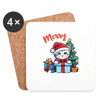 chaton et joyeux noel - Dessous de verre (lot de 4) - blanc - Devant