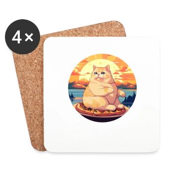 Sunset Feast: Chubby Cat Enjoys - Coasters (set of 4) - white - Front