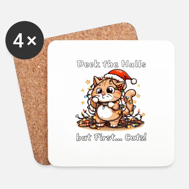 Deck the Halls but First... Cats! Katzen - Untersetzer (4er-Set) - Weiß