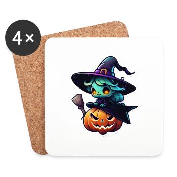Halloween - Kürbis und Hexe - Untersetzer (4er-Set) - Weiß - Vorne