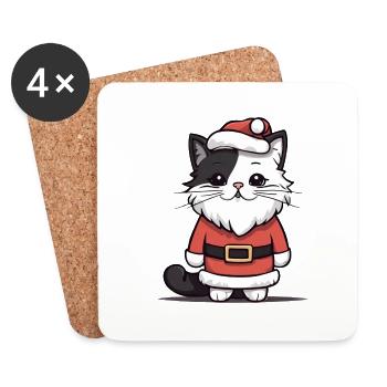 Santa Cat, Weihnachtskatze - Untersetzer (4er-Set) - Weiß - Vorne
