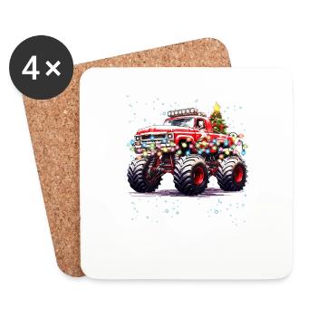 Weihnachtsbeleuchtung, Weihnachtsbaum und Monstertruck - Untersetzer (4er-Set) - Weiß - Vorne