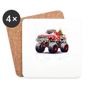 Santa Driving Monster Truck with Christmas Tree - Coasters (set of 4) - white - Front