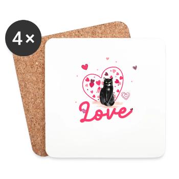 Amour Saint-Valentin coeur de chat noir - Dessous de verre (lot de 4) - blanc - Devant