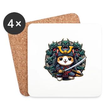 Samurai-Ninja-Katze und Monster dahinter - Untersetzer (4er-Set) - Weiß - Vorne