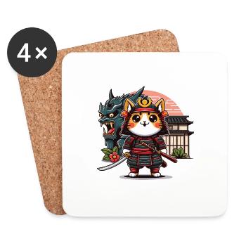 Genießen Sie das Bild der Samurai-Katze und des Monsterjus - Untersetzer (4er-Set) - Weiß - Vorne