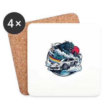 Japanese style car behind monster and rainbow, JDM - Coasters (set of 4) - white - Front