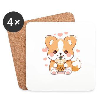 Kawaii Corgi Hund trinkt Boba Bubble Tea Chibi - Untersetzer (4er-Set) - Weiß - Vorne