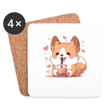Kawaii Corgi Hund trinkt Boba Bubble Tea Chibi - Untersetzer (4er-Set) - Weiß - Vorne