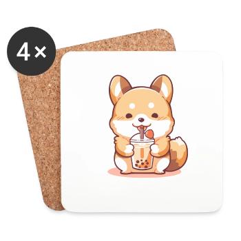 Kawaii Corgi Hund trinkt Boba Bubble Tea Chibi - Untersetzer (4er-Set) - Weiß - Vorne