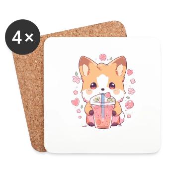 Kawaii Corgi Hund trinkt Boba Bubble Tea Chibi - Untersetzer (4er-Set) - Weiß - Vorne