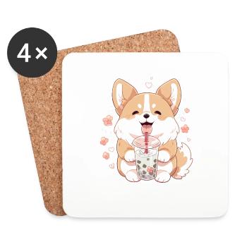 Kawaii Corgi Hund trinkt Boba Bubble Tea Chibi - Untersetzer (4er-Set) - Weiß - Vorne