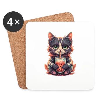 Chat Boba Thé Bubble Tea Anime Kawaii Neko - Dessous de verre (lot de 4) - blanc - Devant