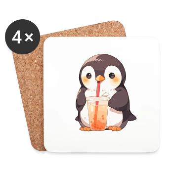 Kawaii Penguin Drinks Boba Bubble Tea Chibi - Coasters (set of 4) - white - Front