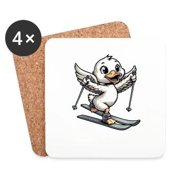 Niedliche Ente beim Skifahren im Comicstil - Untersetzer (4er-Set) - Weiß - Vorne