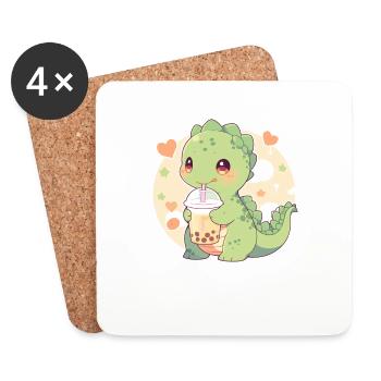 Kawaii Dinosaure Boissons Boba Bubble Tea Chibi - Dessous de verre (lot de 4) - blanc - Devant