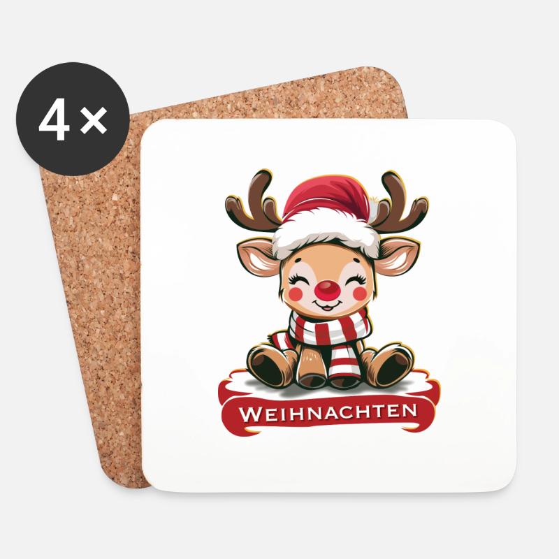 "Fröhliches Rentier zu Weihnachten" - Untersetzer (4er-Set) - Weiß