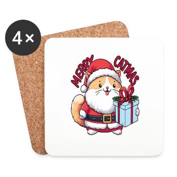 Fat cat as Santa Claus with present Merry Catmas - Coasters (set of 4) - white - Front