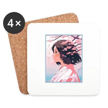 Vintage Japanese Aesthetic Otaku Anime Girl - Coasters (set of 4) - white - Front