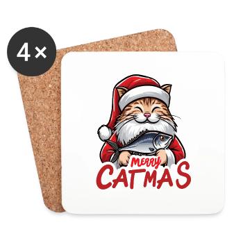 Fat cat as Santa Claus with tuna, Merry Catmas - Coasters (set of 4) - white - Front