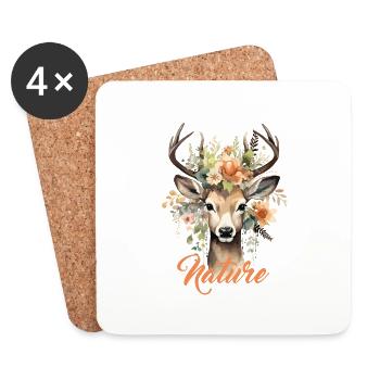 Deer with Flowers Nature Forest Nature Friends of Nature Hiking - Coasters (set of 4) - white - Front