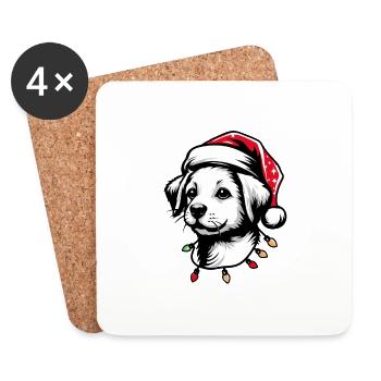 Adorable chien Noël lumières chapeau de Père Noël - Dessous de verre (lot de 4) - blanc - Devant