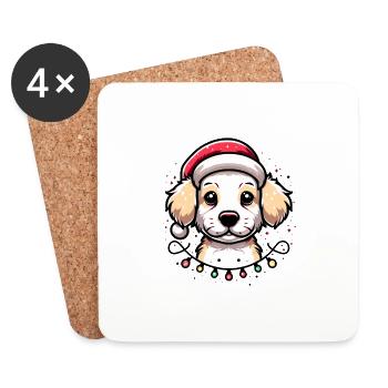 Adorable chien lumières de Noël chapeau de père Noël - Dessous de verre (lot de 4) - blanc - Devant