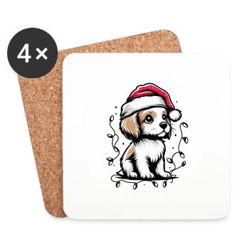 Adorable chien lumières de Noël chapeau de père Noël - Dessous de verre (lot de 4) - blanc - Devant
