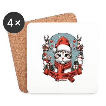 Chat comme le Père Noël avec cadeau de Noël Miaou - Dessous de verre (lot de 4) - blanc - Devant