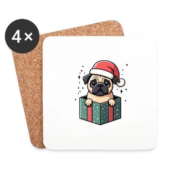 Carlin Dans Cadeau Chien Noël Festif Père Noël Chapeau - Dessous de verre (lot de 4) - blanc - Devant