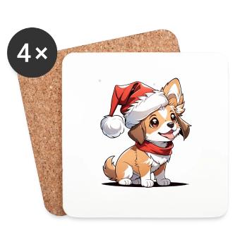 Hund mit Weihnachtsmütze - Untersetzer (4er-Set) - Weiß - Vorne