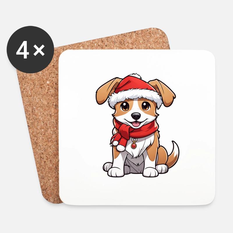 Hund mit Weihnachtsmütze - Untersetzer (4er-Set) - Weiß