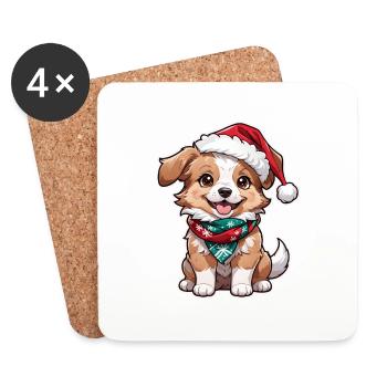 Hund mit Weihnachtsmütze - Untersetzer (4er-Set) - Weiß - Vorne