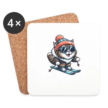 Maine Coon Cat Ski - Plaisirs d’hiver - Dessous de verre (lot de 4) - blanc - Devant