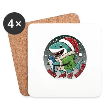 Père Noël requin attraper un poisson, Merry Sharkmas - Dessous de verre (lot de 4) - blanc - Devant