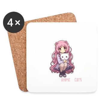 Kawaii Girl Anime Manga Fille et chat - Dessous de verre (lot de 4) - blanc - Devant