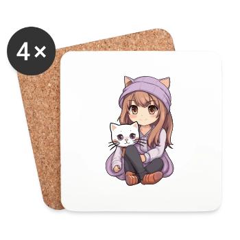 Kawaii Girl Anime Manga Fille et chat - Dessous de verre (lot de 4) - blanc - Devant