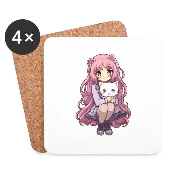 Kawaii Girl Anime Manga Fille et chat - Dessous de verre (lot de 4) - blanc - Devant