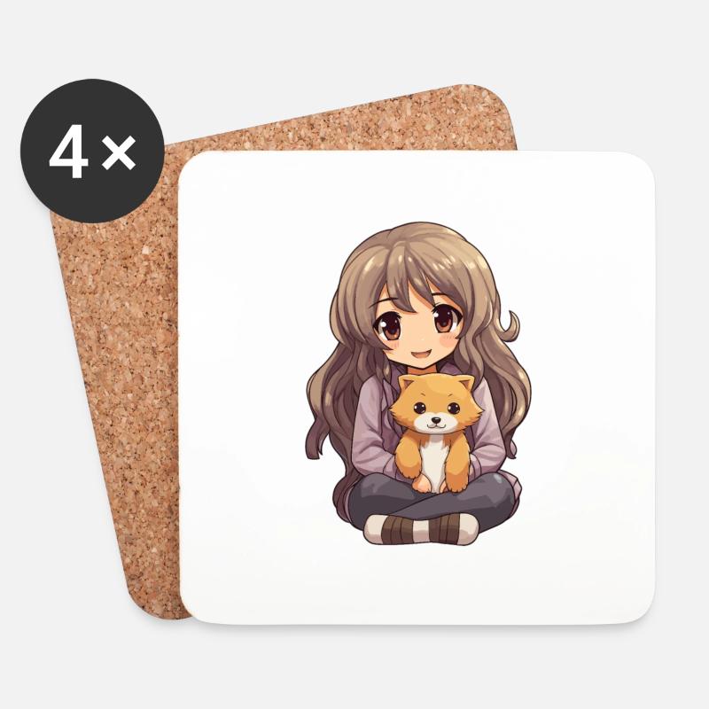 Kawaii Mädchen Anime Manga Mädchen und Hund - Untersetzer (4er-Set) - Weiß